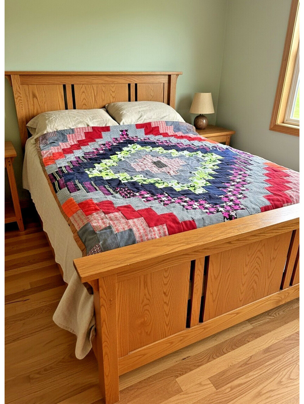 Handmade Patchwork Quilt 68x85 Log Cabin Style Tie Tacked Reversible